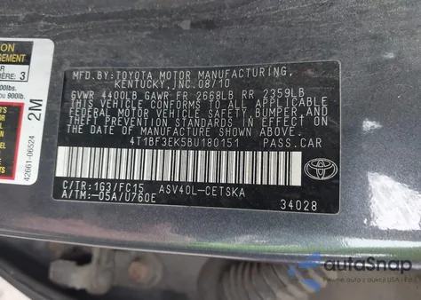 2011 Toyota Camry Se из США, поврежденный, VIN 4T1BF3EK5BU180151